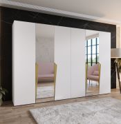 Armadio ad ante battenti "Rida" 11, bianco, maniglie: oro, 6 ante di cui 2 a specchio, 4 scomparti, 4 barre appendiabiti, Sistema "Soft-Close", bordi in ABS, 300 x 52 x 202 cm