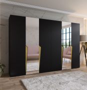 Armadio ad ante battenti "Rida" 11, nero, maniglie: oro, 6 ante di cui 2 a specchio, 4 scomparti, 4 barre appendiabiti, Sistema "Soft-Close", bordi in ABS, 300 x 52 x 202 cm