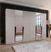 Armadio ad ante battenti "Rida" 11, color cashmere, maniglie: nero, 6 ante di cui 2 a specchio, 4 scomparti, 4 barre appendiabiti, Sistema "Soft-Close", bordi in ABS, 300 x 52 x 202 cm