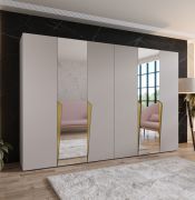 Armadio ad ante battenti "Rida" 11, color cashmere, maniglie: oro, 6 ante di cui 2 a specchio, 4 scomparti, 4 barre appendiabiti, Sistema "Soft-Close", bordi in ABS, 300 x 52 x 202 cm