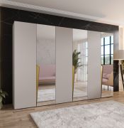 Armadio ad ante battenti "Rida" 12, color cashmere, maniglie oro, 6 ante di cui 3 a specchio, 3 scomparti, 3 barre appendiabiti, Sistema "Soft-Close", 300 x 52 x 202 cm