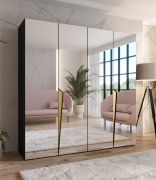 Armadio con ante a specchio "Rida" 15, nero, maniglie: oro, 4 ante, 2 scomparti, 2 barre appendiabiti, Sistema "Soft-Close", bordi in ABS, 200 x 52 x 202 cm