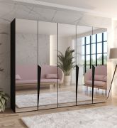 Armadio con ante a specchio "Rida" 16, nero, maniglie: nero, 3 scomparti, 3 barre appendiabiti, Sistema "Soft-Close", bordi in ABS, 250 x 52 x 202 cm