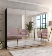 Armadio con ante a specchio "Rida" 16, nero, maniglie: oro, 3 scomparti, 3 barre appendiabiti, Sistema "Soft-Close", bordi in ABS, 250 x 52 x 202 cm