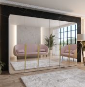 Armadio con ante a specchio "Rida" 17, bianco, maniglie: oro, 4 scomparti, 4 barre appendiabiti, Sistema "Soft-Close", bordi in ABS, 300 x 52 x 202 cm