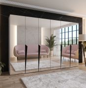 Armadio con ante a specchio "Rida" 17, color cashmere, maniglie: nero, 4 scomparti, 4 barre appendiabiti, Sistema "Soft-Close", bordi in ABS, 300 x 52 x 202 cm