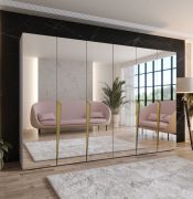 Armadio con ante a specchio "Rida" 17, color cashmere, maniglie: oro, 4 scomparti, 4 barre appendiabiti, Sistema "Soft-Close", bordi in ABS, 300 x 52 x 202 cm