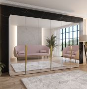 Armadio con ante a specchio "Rida" 18, bianco, maniglie: oro, 3 scomparti, 3 barre appendiabiti, Sistema "Soft-Close", bordi in ABS, 300 x 52 x 202 cm
