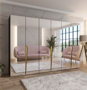 Armadio con ante a specchio "Rida" 18, nero, maniglie: oro, 3 scomparti, 3 barre appendiabiti, Sistema "Soft-Close", bordi in ABS, 300 x 52 x 202 cm