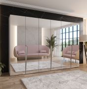 Armadio con ante a specchio "Rida" 18, color cashmere, maniglie: cashmere, 3 scomparti, 3 barre appendiabiti, Sistema "Soft-Close", bordi in ABS, 300 x 52 x 202 cm