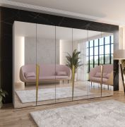 Armadio con ante a specchio "Rida" 18, color cashmere, maniglie: oro, 3 scomparti, 3 barre appendiabiti, Sistema "Soft-Close", bordi in ABS, 300 x 52 x 202 cm
