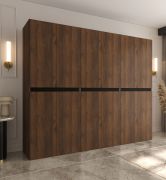 Armadio ad ante battenti "Karim" 06, color noce Warmia, 12 ante a battente, 9 scomparti, 3 barre appendiabiti, Sistema "Soft-Close", 270 x 52 x 203 cm