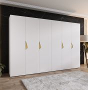 Armadio ad ante battenti "Zainab" 05, bianco, maniglie: oro, 6 ante, 4 scomparti, 4 barre appendiabiti, Sistema "Soft-Close", bordi in ABS, 300 x 52 x 202 cm
