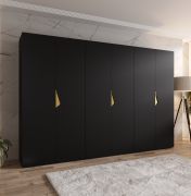 Armadio con ante a specchio "Zainab" 06, nero, maniglie: oro, 6 ante, 3 scomparti, 3 barre appendiabiti, Sistema "Soft-Close", bordi in ABS, 300 x 52 x 202 cm