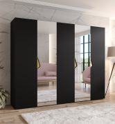 Armadio con ante a specchio "Zainab" 10, nero, maniglie: oro, 2 ante, 3 scomparti, 3 barre appendiabiti, Sistema "Soft-Close", bordi in ABS, 250 x 52 x 202 cm