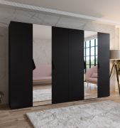 Armadio con ante a specchio "Zainab" 11, nero, maniglie: nero, 2 ante, 4 scomparti, 4 barre appendiabiti, Sistema "Soft-Close", 300 x 52 x 202 cm