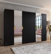 Armadio con ante a specchio "Zainab" 11, nero, maniglie: oro, 2 ante, 4 scomparti, 4 barre appendiabiti, Sistema "Soft-Close", 300 x 52 x 202 cm
