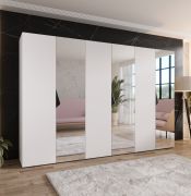 Armadio con ante a specchio "Zainab" 11, bianco, maniglie: nere, 3 ante, 3 scomparti, 3 barre appendiabiti, Sistema "Soft-Close", 300 x 52 x 202 cm