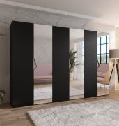 Armadio con ante a specchio, nero, maniglie: cashmere, 3 ante, 3 scomparti, 3 barre appendiabiti, Sistema "Soft-Close", 300 x 52 x 202 cm