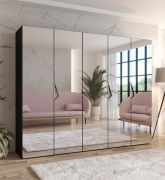 Armadio con ante a specchio "Zainab" 15, nero, maniglie: cashmere, 3 scomparti, Sistema "Soft-Close", bordi in ABS, 250 x 52 x 202 cm