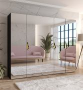 Armadio con ante a specchio "Zainab" 15, nero, maniglie: oro, 3 scomparti, Sistema "Soft-Close", bordi in ABS, 250 x 52 x 202 cm