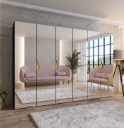 Armadio con ante a specchio "Zainab" 16, nero, maniglie: oro, 4 scomparti, 4 barre appendiabiti, Sistema "Soft-Close", 300 x 52 x 202 cm