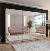 Armadio con ante a specchio "Zainab" 16, color cashmere, maniglie: oro, 4 scomparti, 4 barre appendiabiti, Sistema "Soft-Close", 300 x 52 x 202 cm