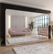 Armadio con ante a specchio "Zainab" 17, bianco, maniglie: cashmere, 3 scomparti, 3 barre appendiabiti, Sistema "Soft-Close", 300 x 52 x 202 cm