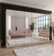 Armadio con ante a specchio "Zainab" 17, color cashmere, maniglie: nero, 3 scomparti, 3 barre appendiabiti, sistema "Soft-Close", 300 x 52 x 202 cm