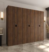 Armadio ad ante battenti "Marieta" 05, color Noce Warmia, 12 ante, 9 scomparti, 3 barre appendiabiti, design senza maniglie, Sistema "Soft-Close", 240 x 52 x 203 cm