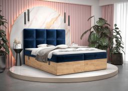 Letto singolo elegante Pilio 50 | Tessuto velour blu | Rovere dorato artigianale | 140 x 200 cm