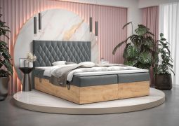 Letto matrimoniale Pilio 74 grigio/rovere dorato artigianale | 180 x 200 cm | Materasso H3 | Tessuto velour