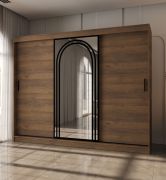 Armadio ad ante scorrevoli "Dero" 06, color noce Warmia, 3 ante di cui 1 a specchio, 10 scomparti, 2 barre appendiabiti, 250 x 62 x 200 cm