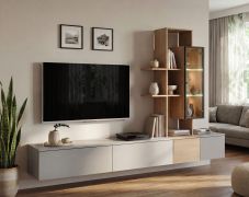 Parete attrezzata "Mausund" 01, grigio artico/rovere Cremona, 1 vetrinetta, 1 mobile TV, illuminazione a LED, Sistema "push-to-open", 240 x 40 x 160 cm