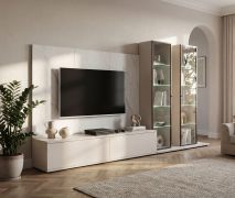 Parete attrezzata "Vestnes" 03, color cashmere/marmo bianco, incl. illuminazione a LED, Sistema "push to open", 1 mobile TV, 2 vetrinette, 1 boiserie, 300 x 45 x 175 cm