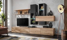 Parete attrezzata "Elven" 01, color rovere coast evoke / nero opaco, illuminazione a LED incl., 280 x 45 x 180 cm