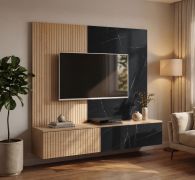 Mobile TV "Sistranda" 02, color rovere Cremona/marmo nero, boiserie, Sistema "push-to-open", 148 x 35 x 160 cm