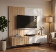 Mobile TV "Sistranda" 01, color rovere grafite/marmo bianco, pannello cannettato, Sistema "push to open", 240 x 40 x 160 cm
