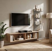 Mobile TV "Titran" 02, color rovere Cremona / grigio argilla, Sistema "push to open", 148 x 35 x 160 cm