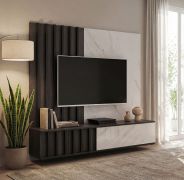 Mobile TV "Sistranda", color rovere grafite/marmo bianco, pannello cannettato, Sistema "push-to-open", 148 x 35 x 160 cm