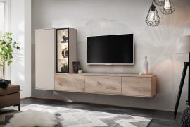 Parete attrezzata "Solsletta" 01, color cashmere/rovere Viking, illuminazione a LED incl., 240 x 35 x 125 cm