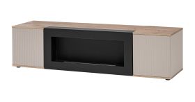 Mobile TV "Barnebasen" 06, color cashmere/rovere Viking, 2 ante a battente, 1 caminetto a bioetanolo, sistema "push-to-open", 160 x 45 x 42 cm