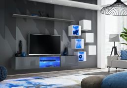 Parete attrezzata push-to-open Volleberg 08 | Grigio/Bianco | 140 x 260 x 40 cm | 3 pensili e 3 armadietti a muro