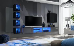 Parete soggiorno Volleberg 89 nero/grigio | 150x280x40 cm | apertura push-to-open | LED blu