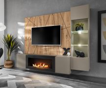 Parete attrezzata "Klubba" 07, grigio perla/rovere Artisan, 1 mobile TV, 1 vetrinetta, illuminazione a LED, sistema "push to open", 200 x 40 x 158 cm