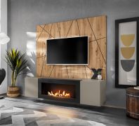Parete attrezzata "Klubba" 08, grigio argilla/rovere Artisan, 1 mobile TV, 1 pannello cannettato, 1 caminetto a bioetanolo, sistema "push-to-open", 160 x 40 x 158 cm