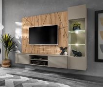 Parete attrezzata "Klubba" 05, grigio argilla / rovere Artisan, 1 mobile TV, 1 vetrinetta, 1 pannello cannettato, illuminazione a LED, sistema "push to open", 200 x 35 x 148 cm