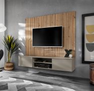 Parete attrezzata "Klubba" 02, Grigio argilla/Rovere Artisan, 1 mobile TV, 1 pannello cannettato, Sistema "push-to-open", 160 x 35 x 148 cm