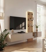 Parete attrezzata "Namsos" 01, grigio argilla/rovere Coast Evoke, frontale cannettato, illuminazione a LED, sistema "push to open", 300 x 45 x 160 cm