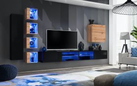 Parete soggiorno Volleberg 94 | Design moderno nero/rovere Wotan | Illuminazione LED | 150 x 280 x 40 cm
